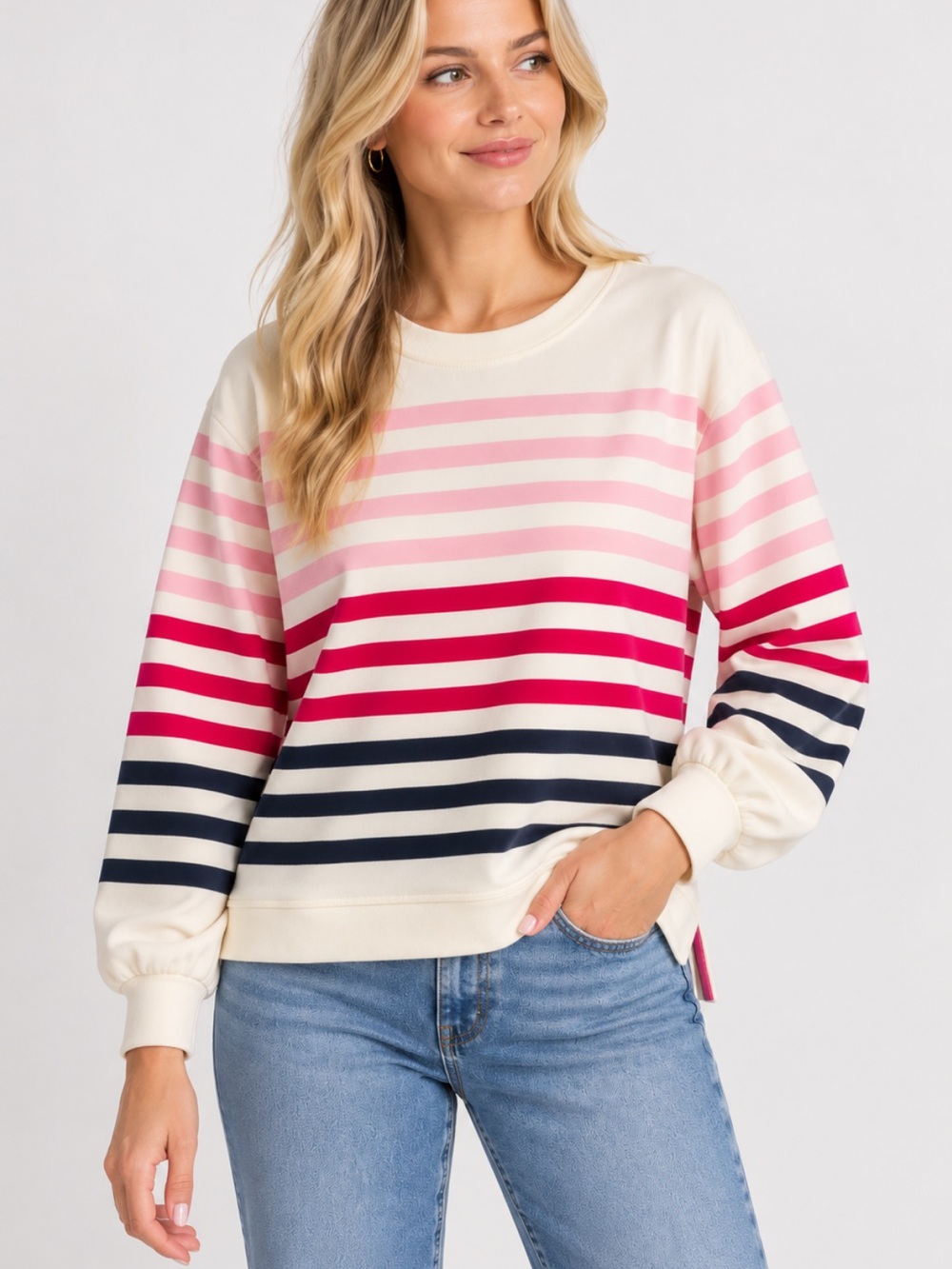 T by Talbots Striped Sweatshirt Pink Navy Ivory Cotton Blend XS
